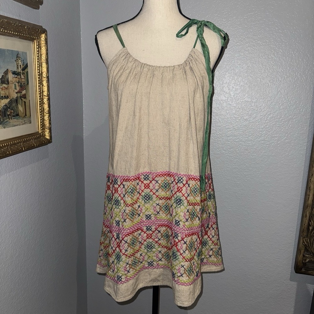 Folk Peasant Cotton Embroidered Dress Boho Tie Strap Sz Med CrossStitch Festival